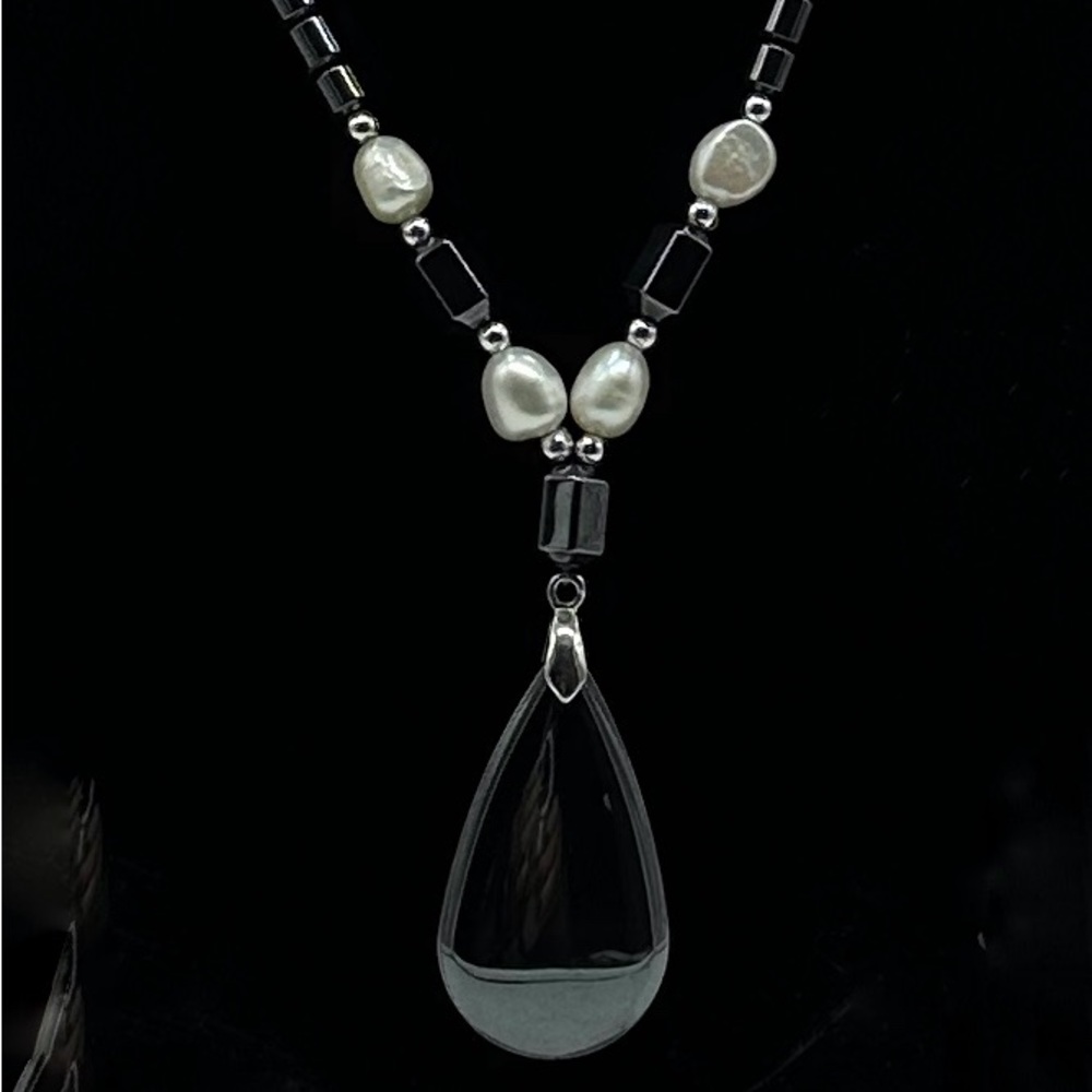 Black Hemotite Necklace Drum Beads Chunky Statement Hemotite Stone Pendant - Picture 3 of 7